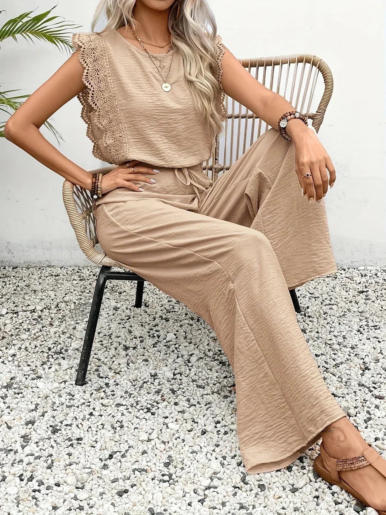 Zella™ Elegant Two-Piece Set | Lace-Trimmed Top and Wide-Leg Trousers