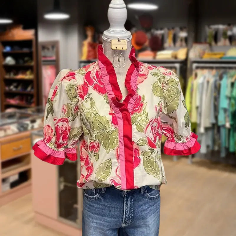 Alitzel | Everyday Sweet Ruffle Stripe Floral Top